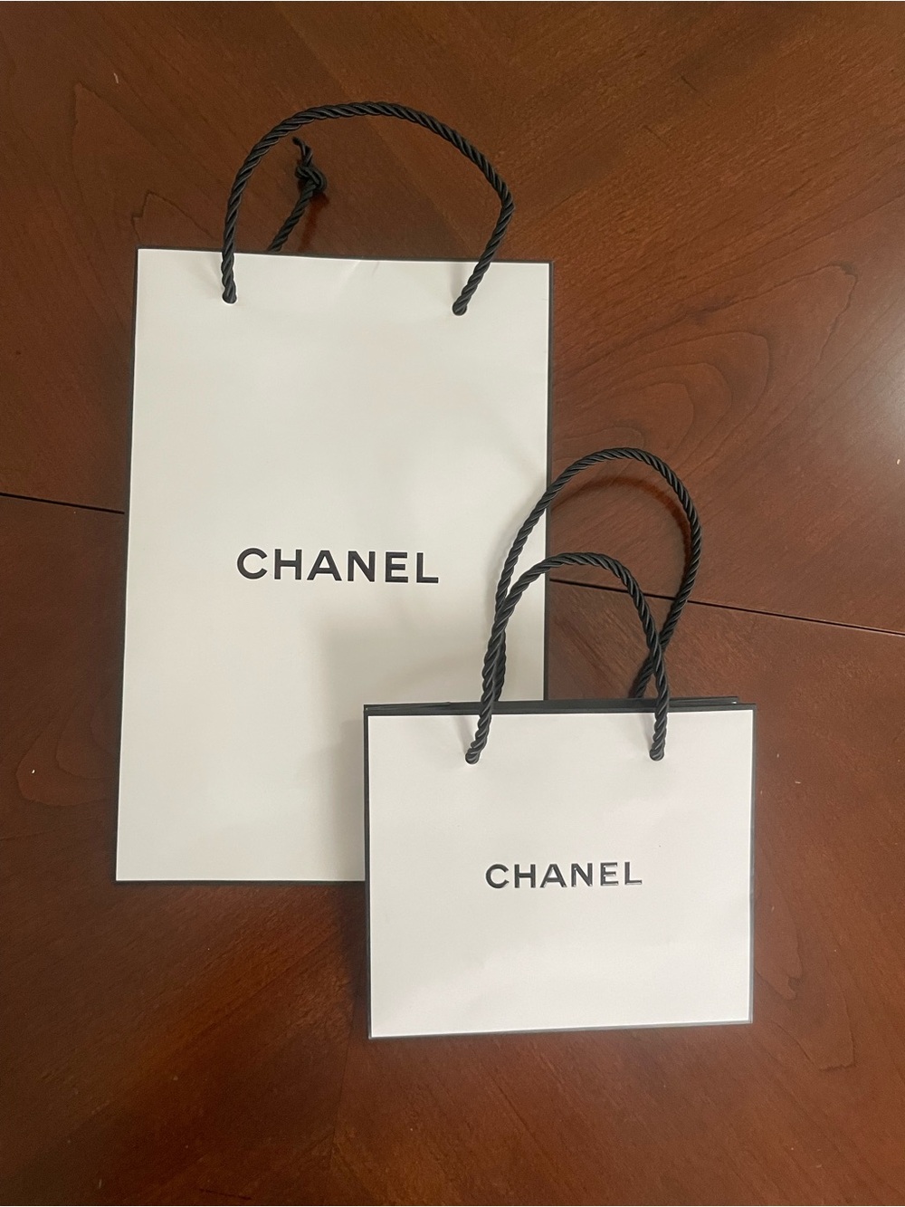 CHANEL White Shopping Bags with Black Rope Handles - Set of 2
